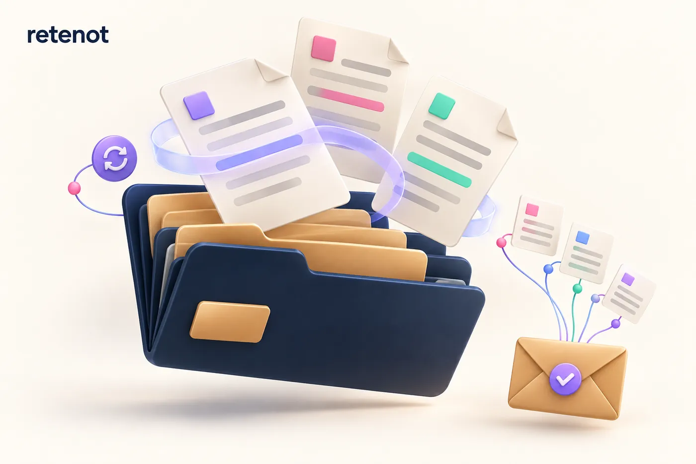 Carpeta de escrituras con documentos que pasan, ordenados, a un sobre.